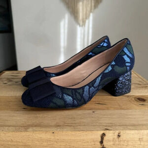 J. Crew Celia Blue Green Brocade Bow Glitter Block Heel Square Toe Pump Size 8